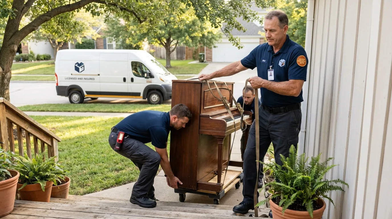 Licensed piano movers securing grand piano in Jasper, FL