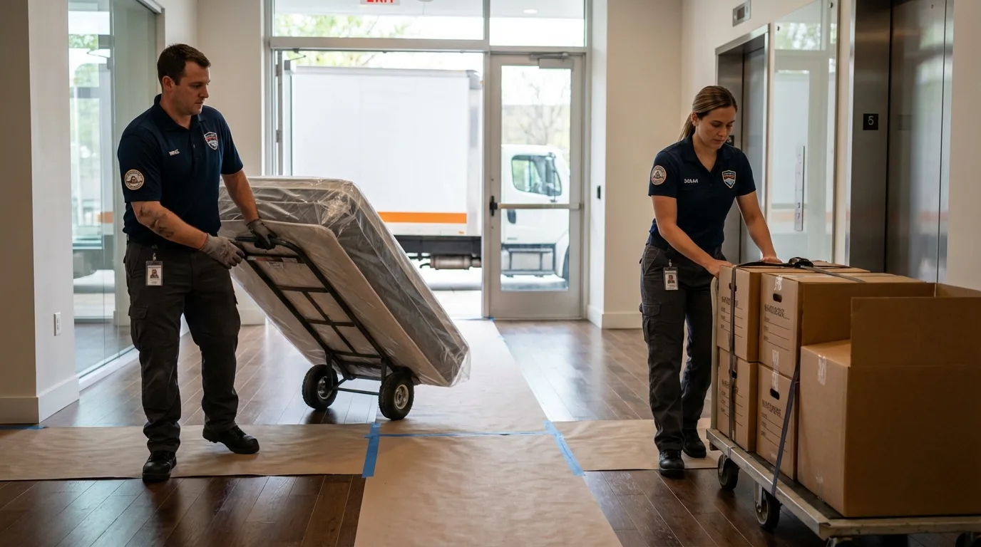 Professional apartment movers loading elevator in Jasper, FL